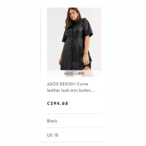 ASOS DESIGN Curve leather look mini button through shirt dress in black